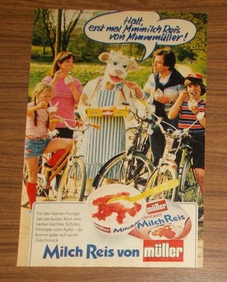 Seltene Werbung MÜLLER MILCHREIS Himbeer - Familie Radtour Kuh 1980