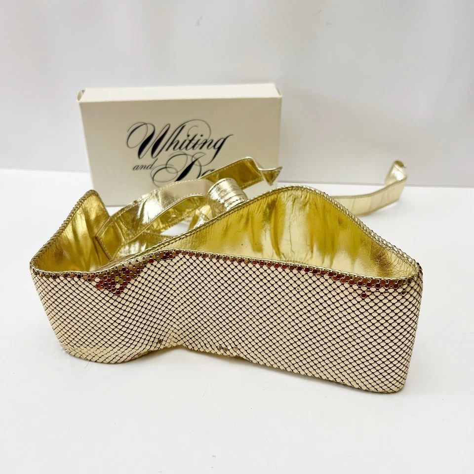 Cinturón corbata de cuero de malla metálica dorada vintage Whiting & Davis para mujer SM/MED Foto 2 de 4