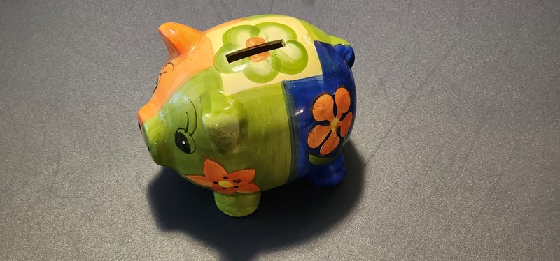 Aug14_12 Ceramic Piggy Bank - Green Pig with Flowers
