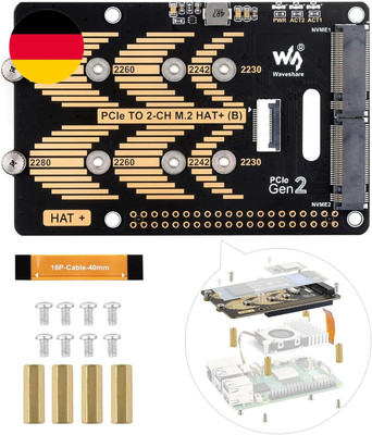 Waveshare Pcie to 2-CH M.2 HAT+ Adapter Type B Compatible with Raspberry Pi 5, S