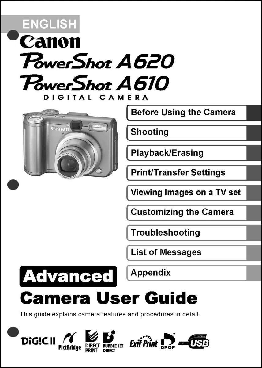 Canon Powershot A610 A620 Digital Camera User Guide Instruction