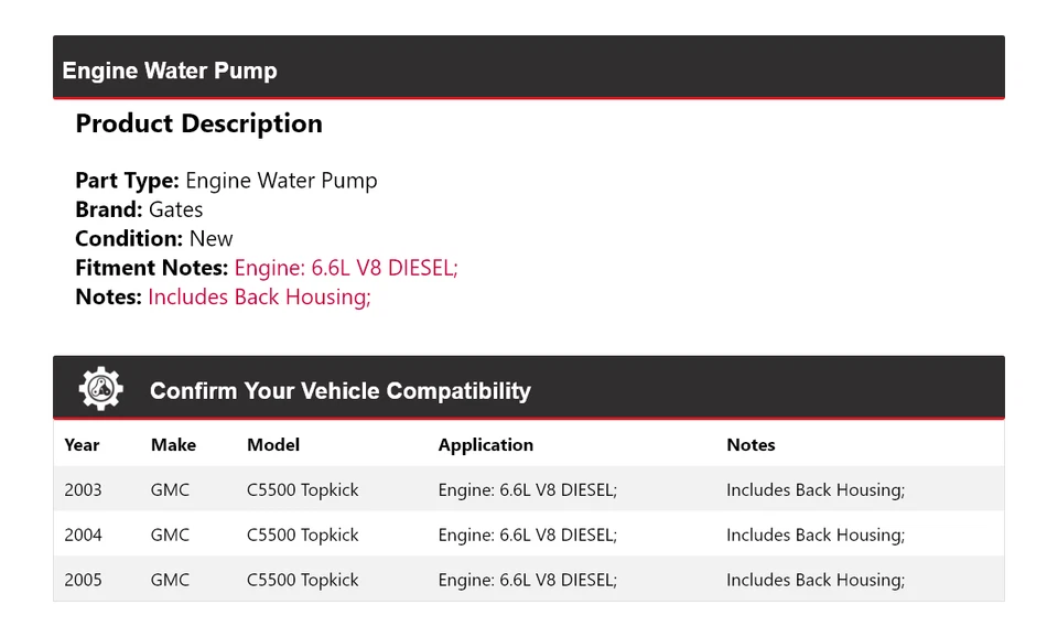 Portões de bomba de água motor diesel 2004 para 2003-2005 GMC C5500 Topkick 6.6L V8 - Imagem 2 de 4