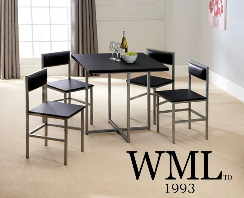 5 Piece Space Saving Dining set Black with Silver Frame. Table 4 Chairs