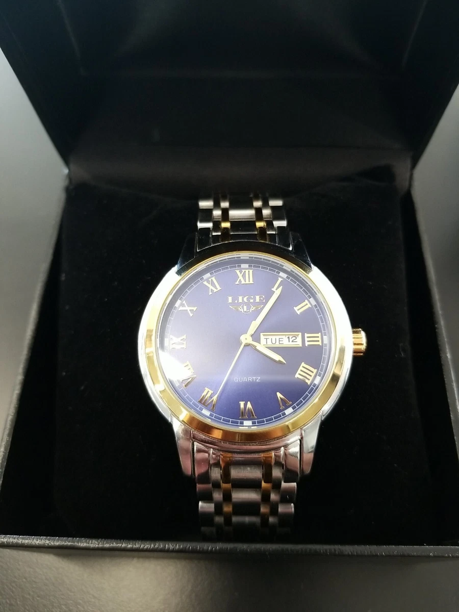 Lige Mens Two Tone Stainless Steel Luxury Watch With Blue Dial EUC