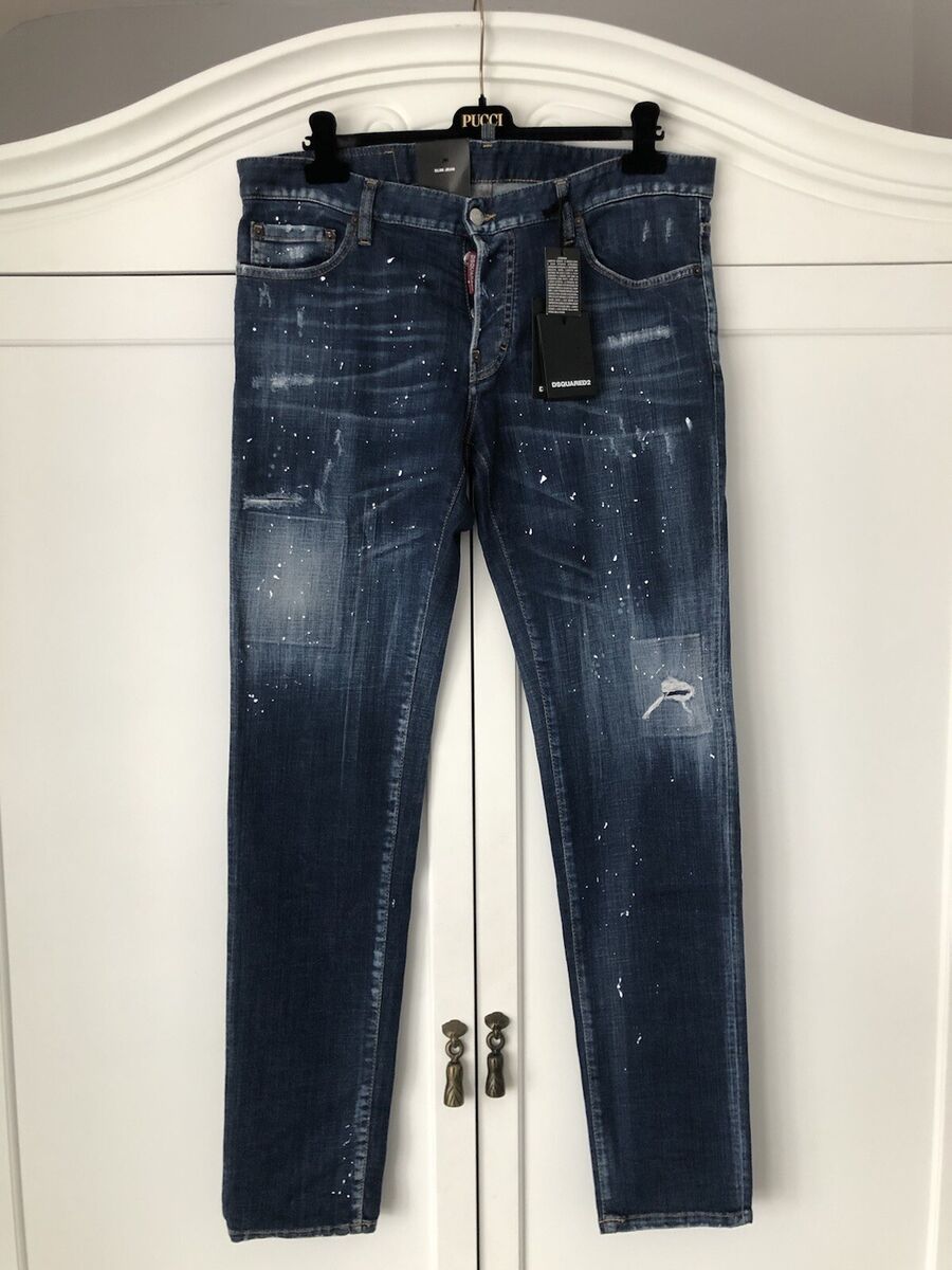 Dsquared2 “Slim Jean” Blue Distressed Paint Splattered Jeans Dsquared2 “Slim Jean” Blue Distressed Paint Splattered Jeans