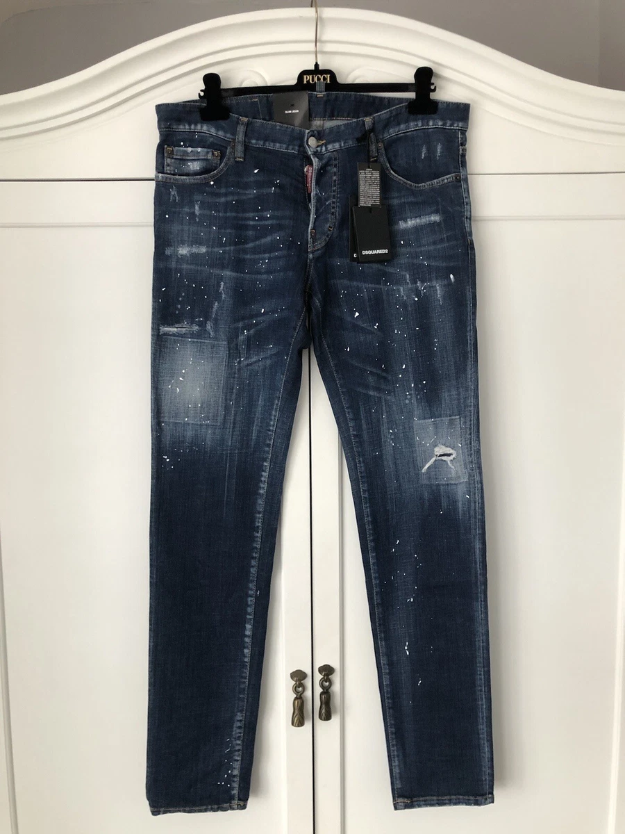 Dsquared2 “Slim Jean” Blue Distressed Paint Splattered Jeans