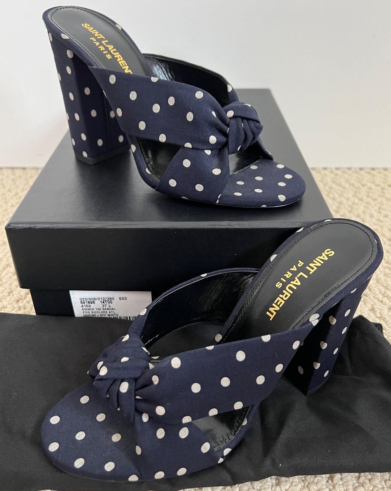 Sandali décolleté Saint Laurent Bianca blu navy a pois annodati mule taglia 37 7 $895