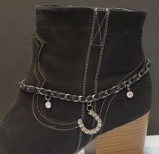 Adjustable black leather and hematite chain with rhinestone horseshoe boot charm