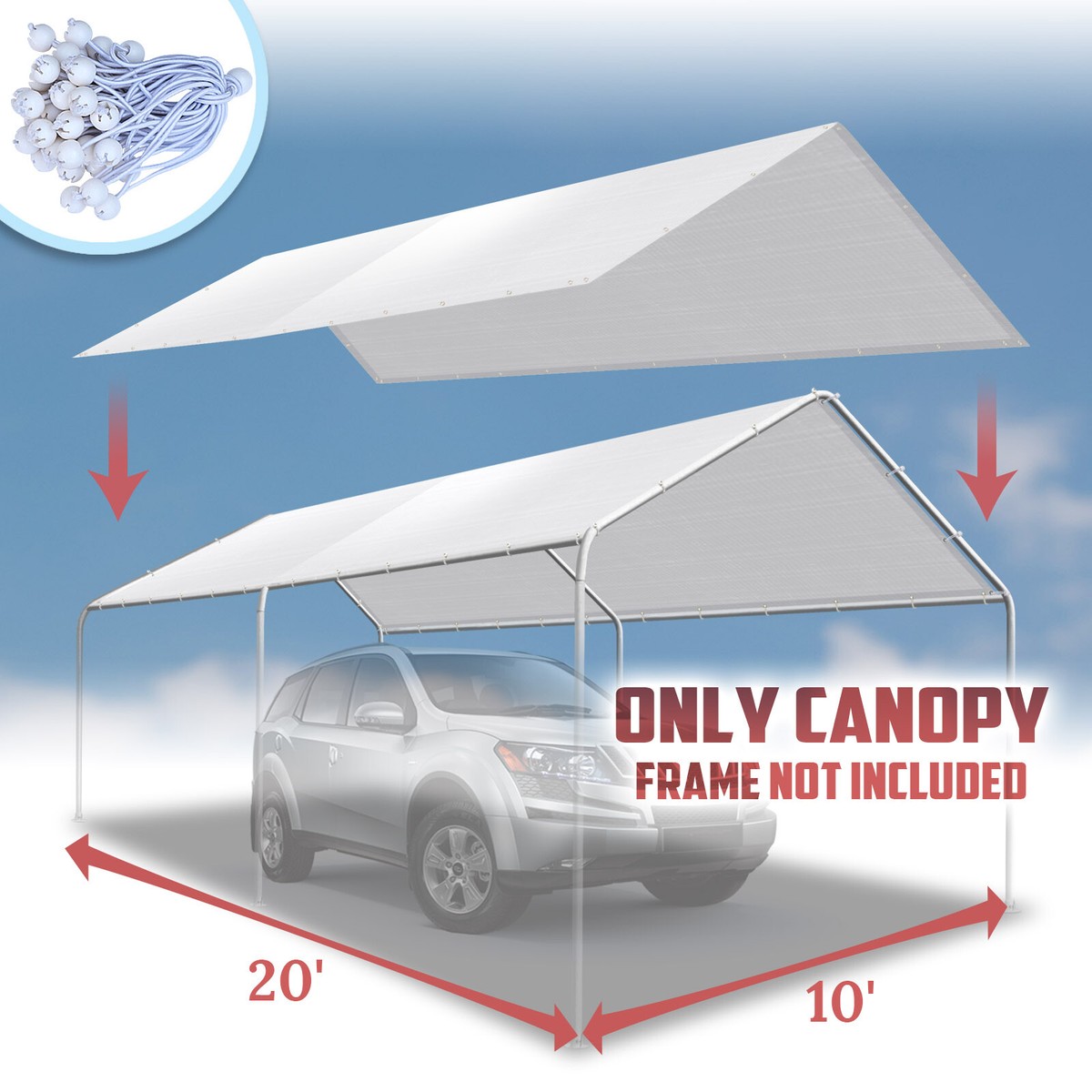 20'x10' Replacement Canopy for Carport Tent Tarp Top Shelter W