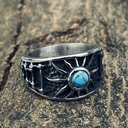 MENDEL Mens Sun Turquoise Biker Band Ring Stainless Steel Size 7 8 9 10 11 12-15 - Picture 2 of 6