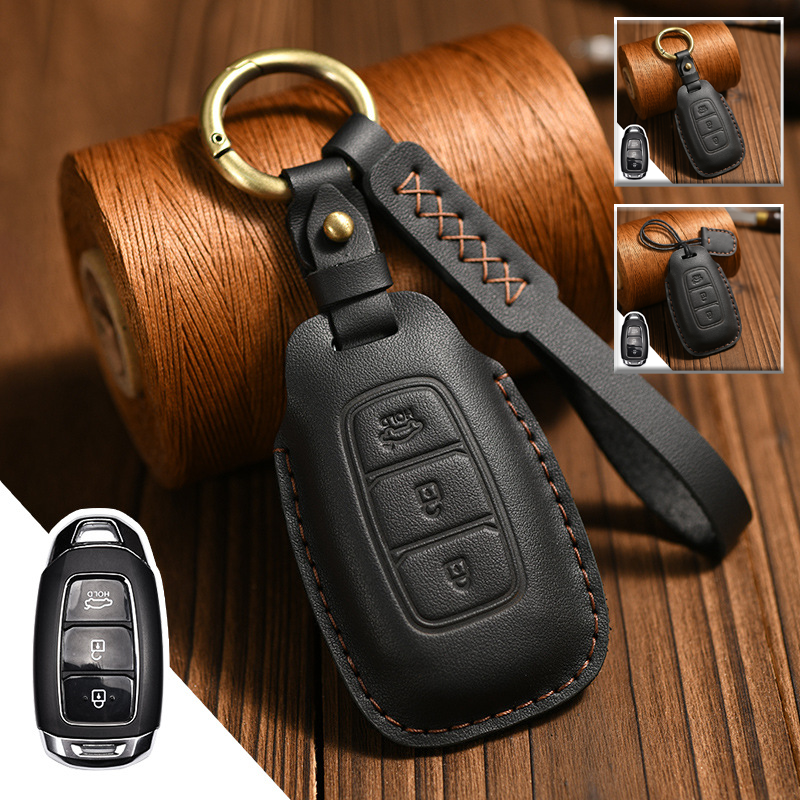 Genuine Leather Car Key Case Cover For Hyundai Sonata i30 Veloster Azera Santa