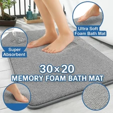 Memory Foam Bath Mat 30x20 Non Slip Quick Dry Soft Bathroom Rug Washable Grey