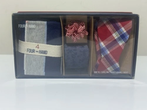 Four In Hand Accessory Gift Set Bow Tie Lapel Pin Pocket Square Socks - product listing photo