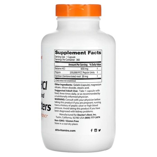 Doctor's Best Betaine HCl Pepsin & Gentian Bitters - 360 caps - Picture 2 of 3