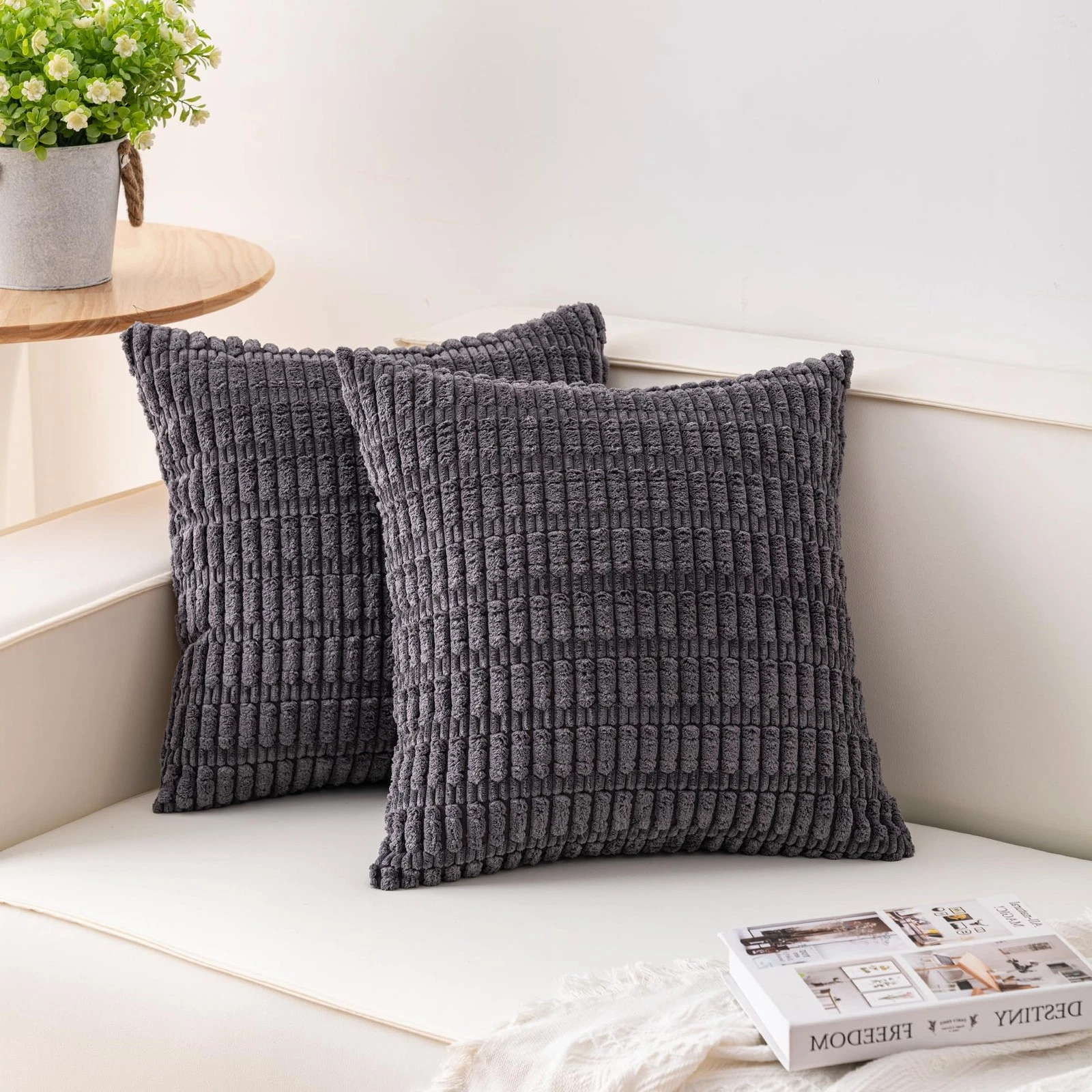 Pack of 2 Corduroy Decorative Throw Pillow Covers 20x20 InchSoft Striped Pill...