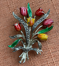 Vintage Exquisite Tulip Brooch, 1950s enamel flowers & faux Marcasite, signed