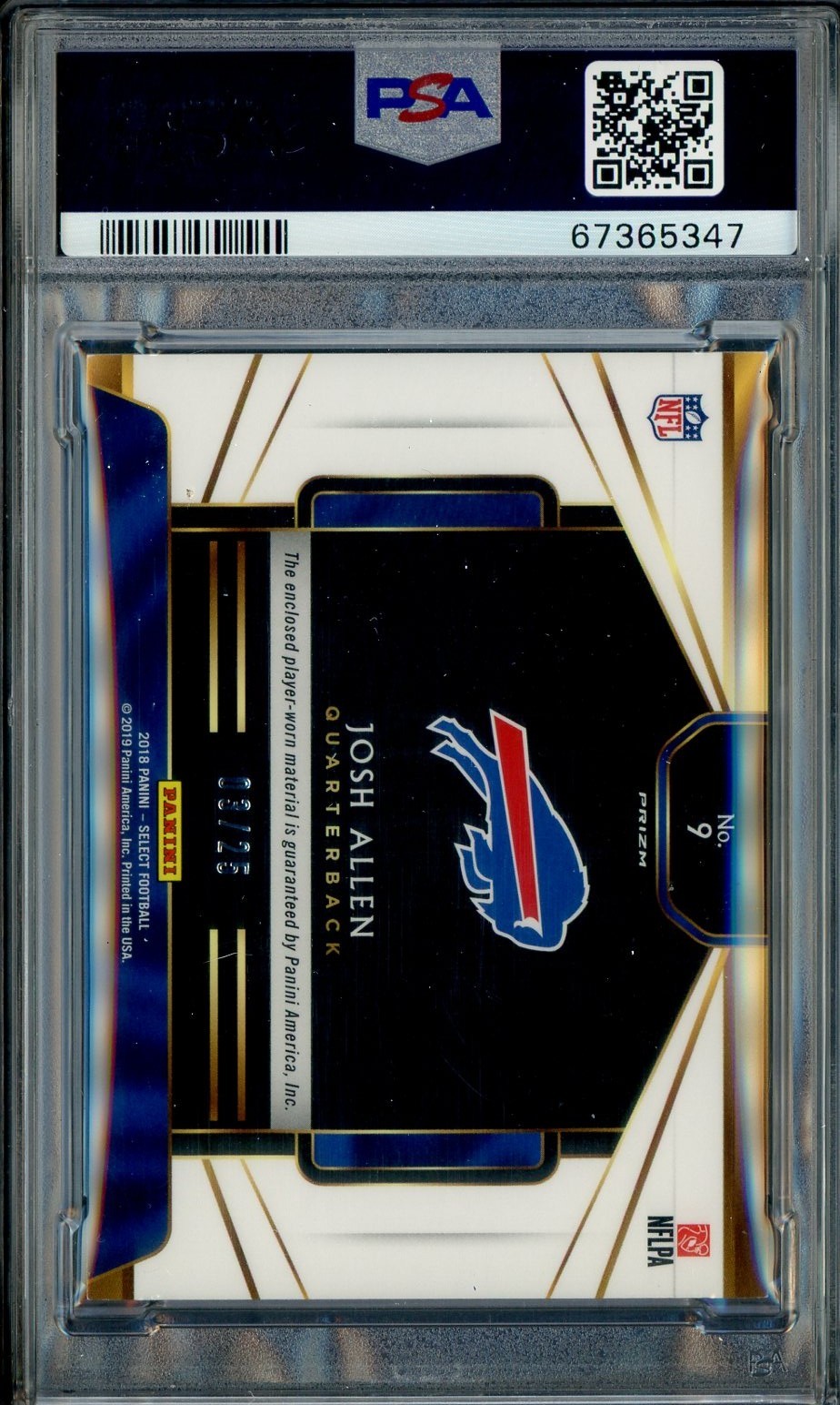 2018 Select #9 Josh Allen Tri-Color Tie-Dye RC Rookie Patch 3/25 PSA 9 POP 2 view 2