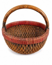 Antique Chinese Harvest Basket Hand Woven Willow Reed Lacquered Wood Handle