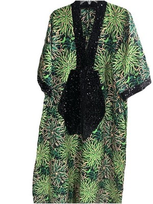 African Print Ankara Sequined Women Kaftan Long Dress With Pockets & Scarf Large