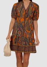 Adrianna Papell Women's Orange Blue Printed Puff-Sleeve A-Line Dress Size 14