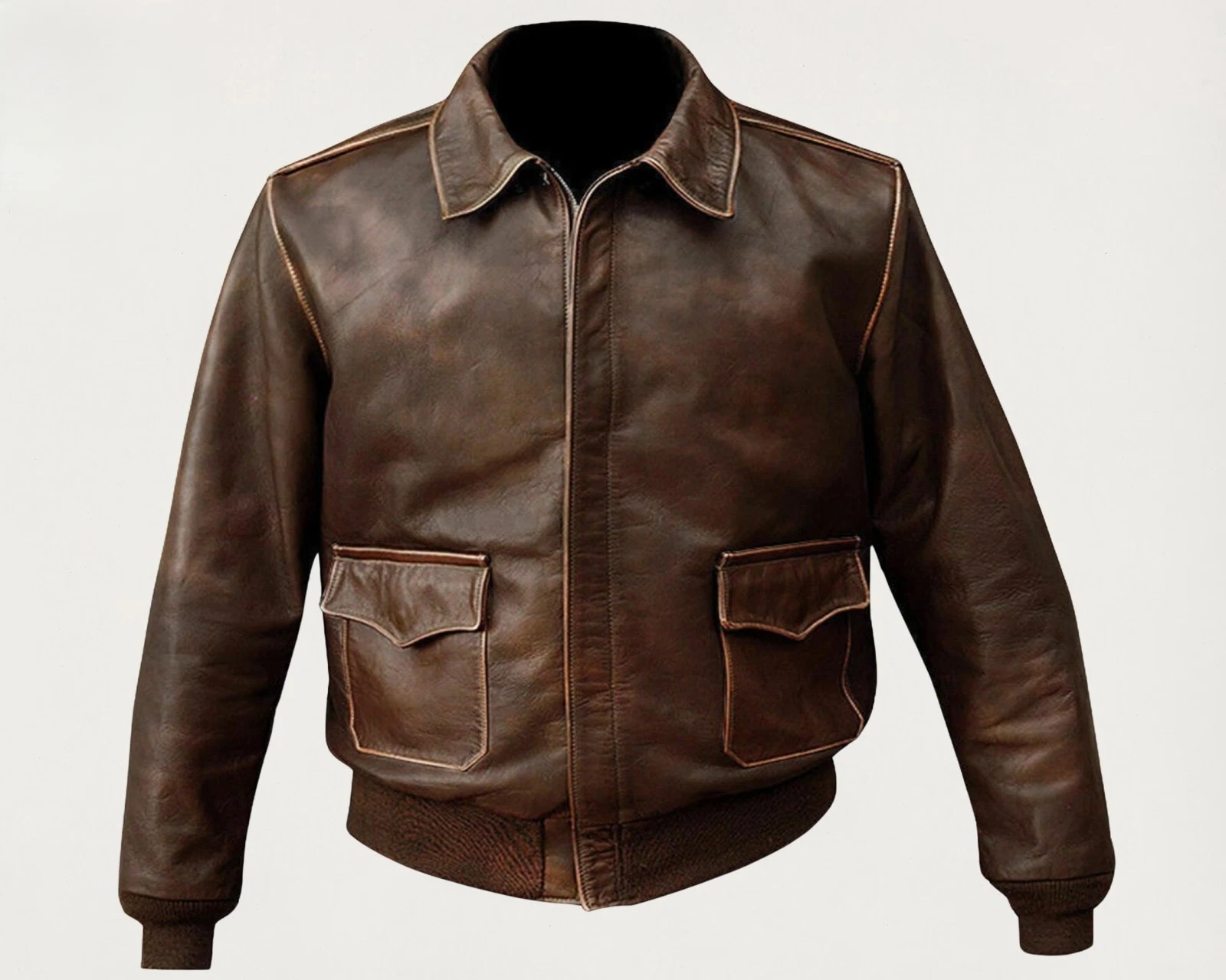 Men's Distressed Brown Real Leather Flight Jacket With Collar & Flapped Pockets
