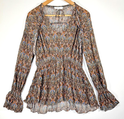 IRO Paris Blouse Womens US 6 38 Janie Brown Blue Abstract Boho Viscose Top