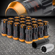 CLOSED END ORANGE ALUMINUM SPLINE 16 WHEEL LUG+4 LOCK NUT+KEY M12X1.5 22MMx45MM
