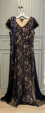 Candalite Petite Dress Flare Navy Blue Lace/Nude Base Fabric Maxi Gown size PM