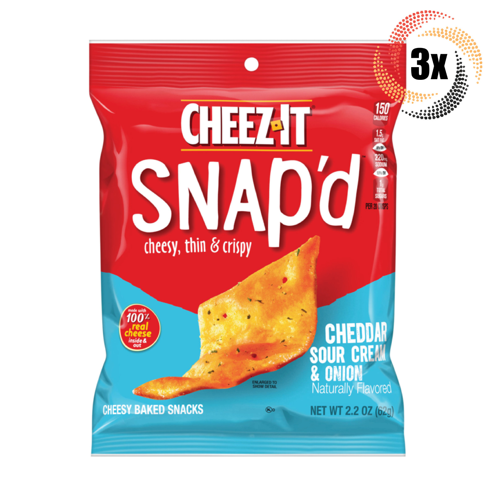 3 пакетика запеченных чипсов Cheez-It Snapd с чеддером, сметаной и луковыми крекерами, 2,2 унции