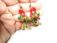 Red Green Gold Curled Ribbon Ringing Bell Christmas Pierced Earrings Vintage