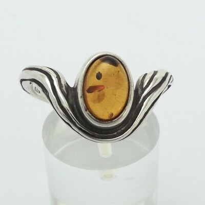 Sterling Silver Genuine Baltic Amber Notched Ring Sz9 Unisex 