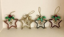 Christmas Star Ornaments, Metal With Jingle Bells In Red Gold Green Lot Of 4