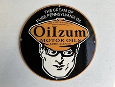 VINTAGE OILZUM GASOLINE PORCELAIN GAS OIL SERVICE STATION PUMP PLATE AD SIGN 12”