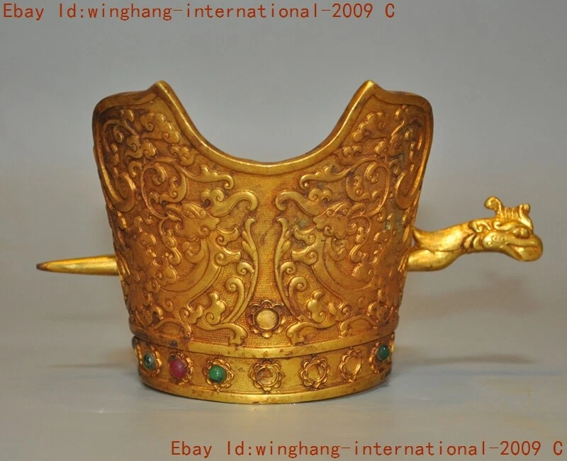 Ancient China dynasty bronze 24k gold Gilt inlay gem emperor king Crown hat  cap