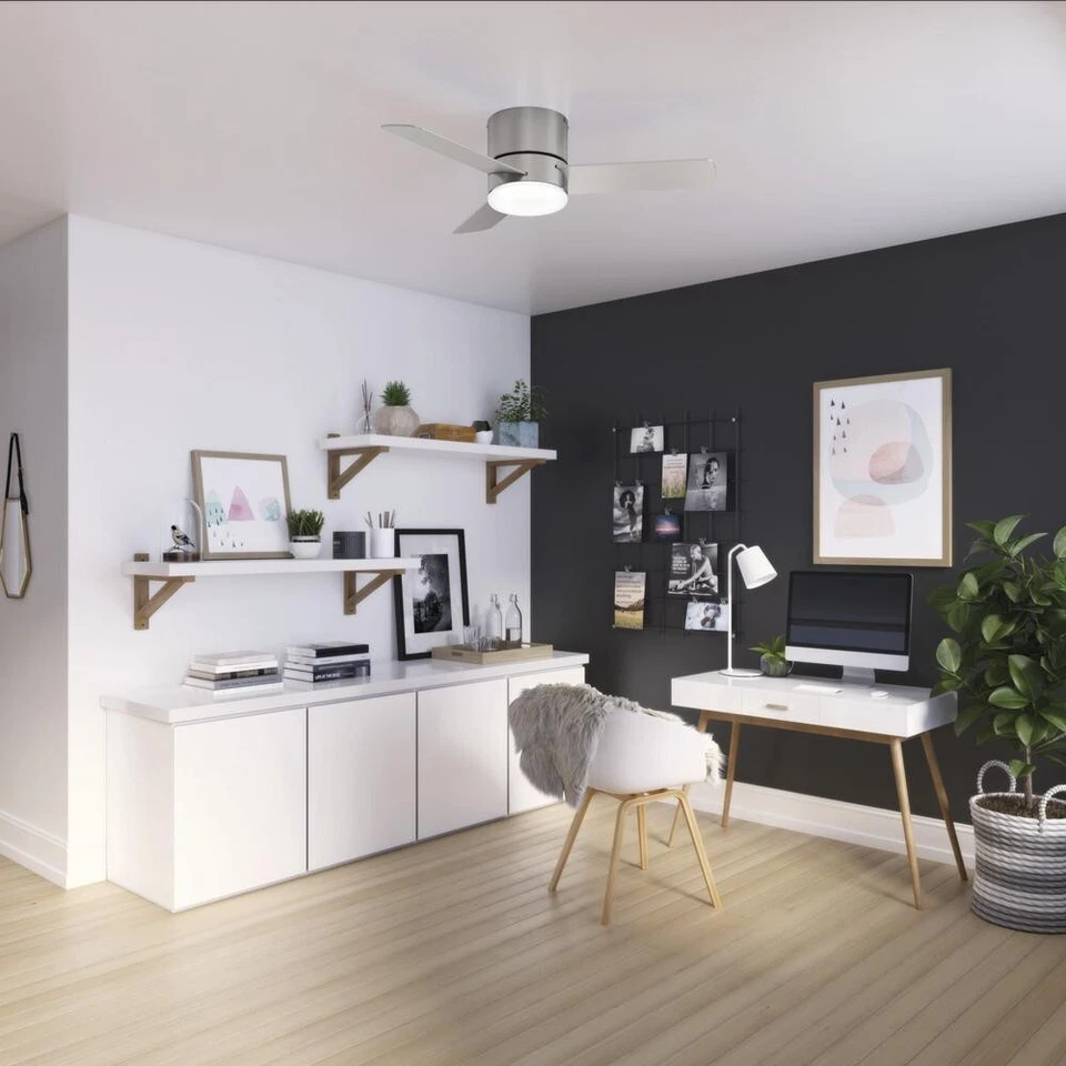 44" Brushed Nickel Remote LED Ceiling Fan Painted Cased White Glass Bowl Shade - Image 2 of 4