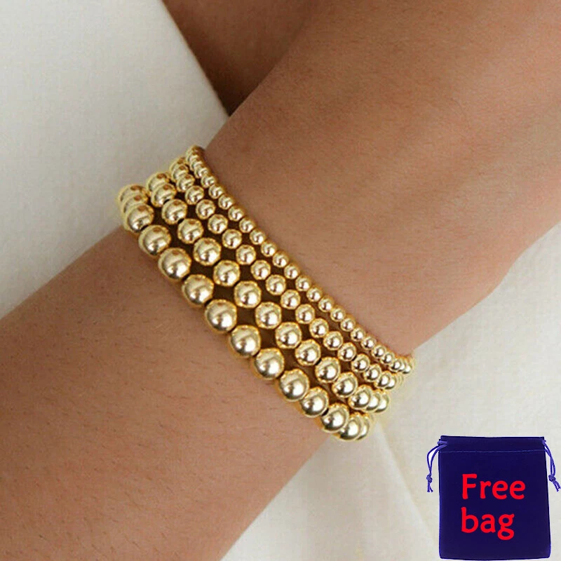 14K Real Gold Plated Bead Bracelets 4 5 6 8MM Stacking Bracelets For Women  Girl