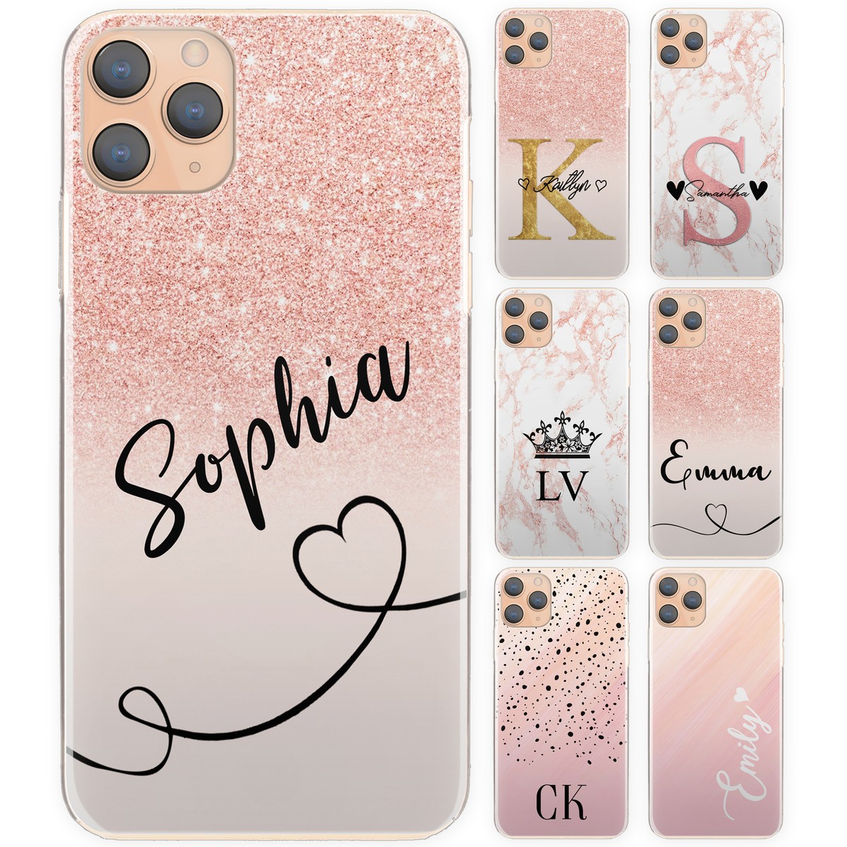 Personalised Initial Phone Case;Custom Name And Hearts Pink Marble Hard Cover
