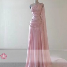 Attractive A-line One-Shoulder Pink Evening Dresses Beading Draped Floor Length