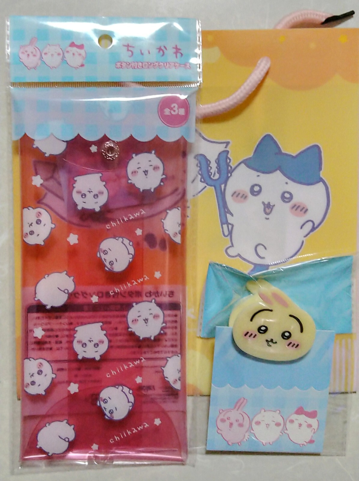 Chiikawa polypropylene mini bag, long case and plastic clip, 3 kind items set