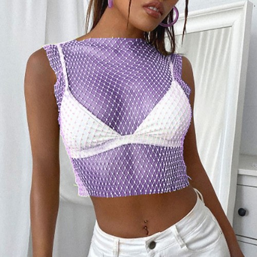 Women Sexy Mesh Tank Tops Rhinestone Glitter See Through Hollow Out Crop Tops - Picture 3 of 57