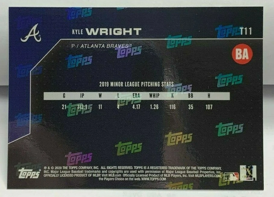 Kyle Wright 2020 Bowman Next BA Top 100 Prospects #T11 ATLANTA BRAVES - SP /770 - Image 2 of 2