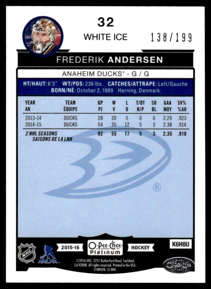 2015-16 O-PEE-CHEE-PLATINUM WHITE ICE Frederik Andersen /199 Anaheim Ducks #32 - Image 2 of 2