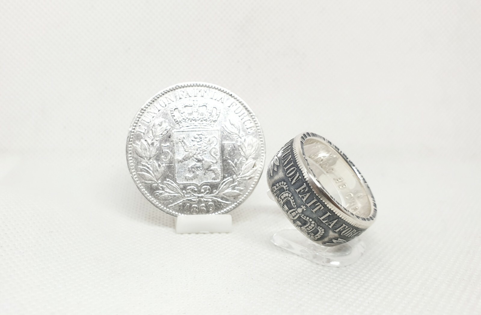 Bague pièce 5 Francs Belgique argent alliance vintage gravée pour collectionneur de bijoux