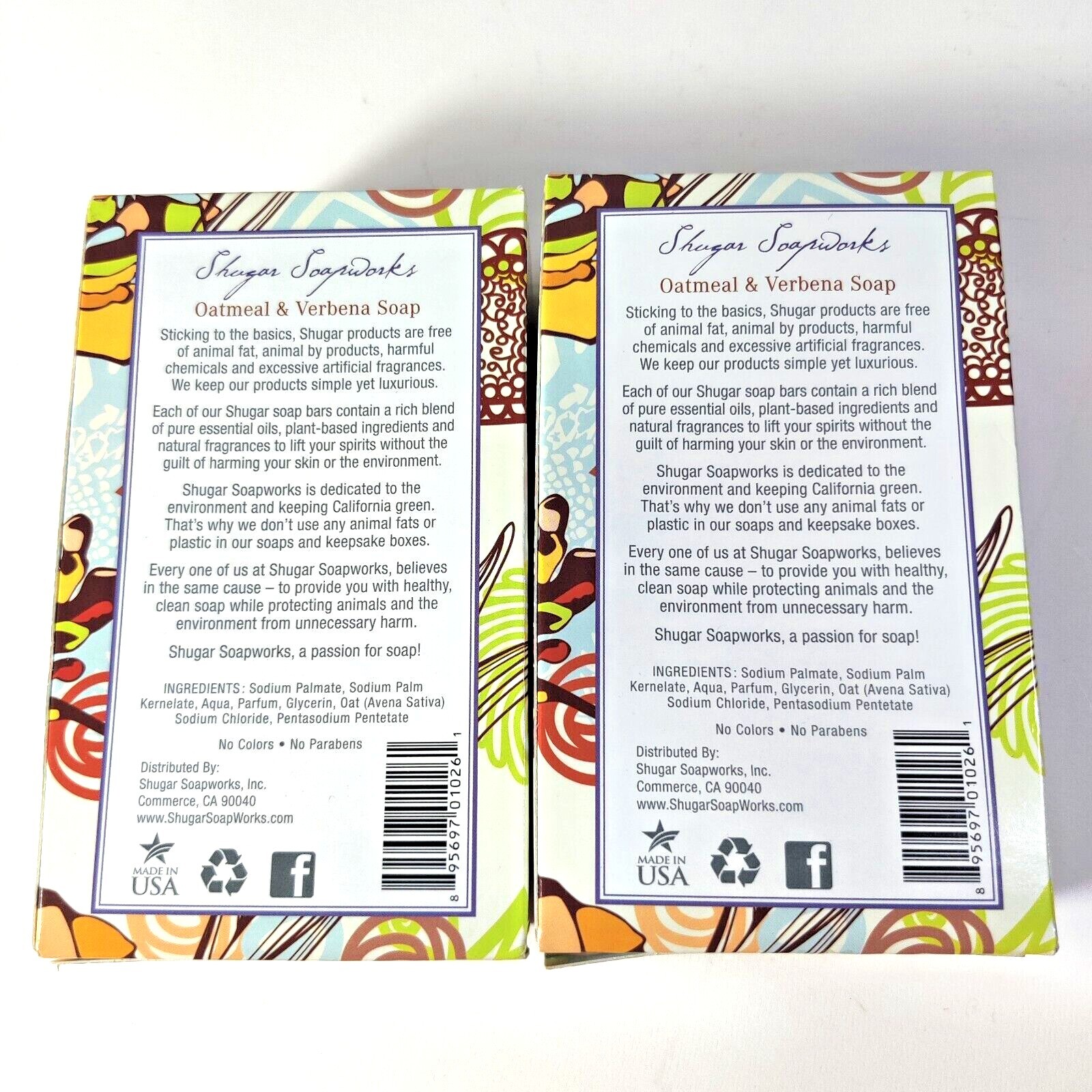 SHUGAR SOAPWORKS BAR SOAP 6.25oz OATMEAL AND VERBENA NATURAL 2 BOXES NIB