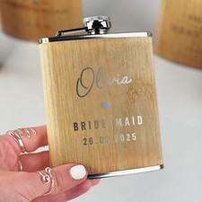 Personalised 6oz Wooden Hip Flask Wedding Party Gift Bridesmaids Bride Canteen