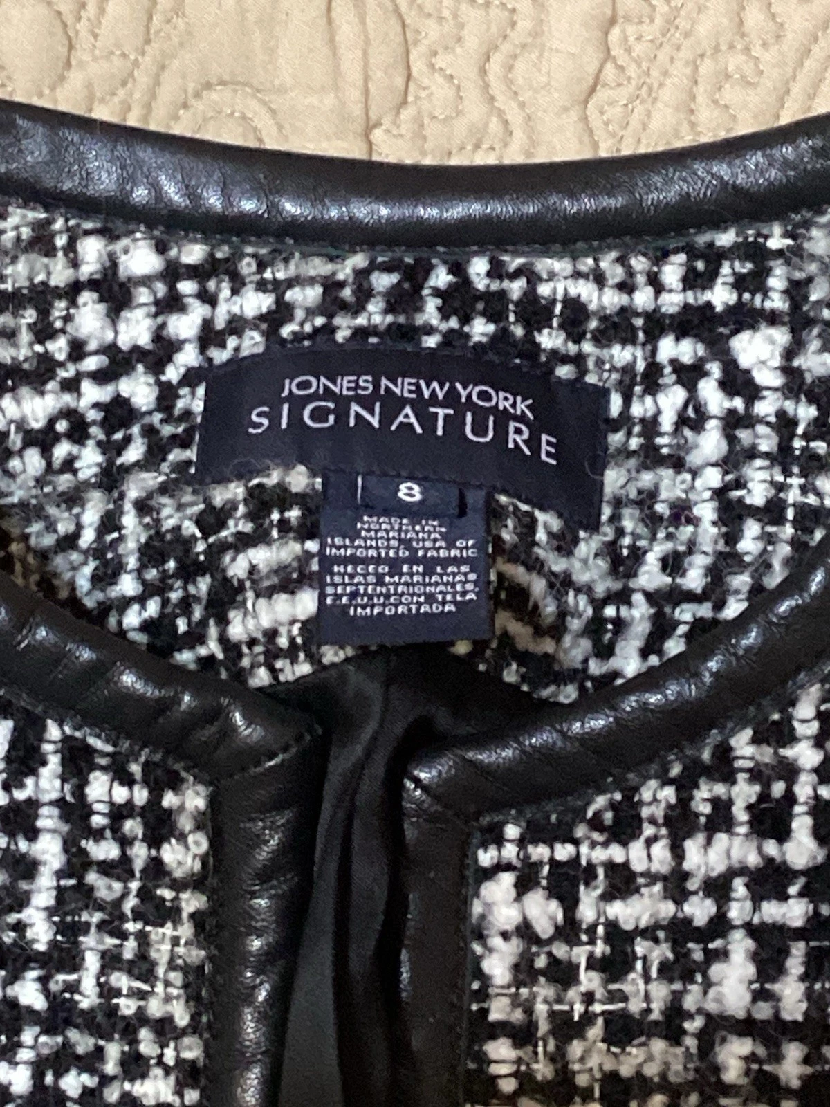 CHANEL Giacca blazer Talbots donna 8 maglia testurizzata nero bianco bordo pelle quadri