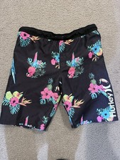 Hurley Boys Board Shorts Size Large Neon Floral Parrot L Swim Surf Trunks Black