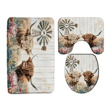 3 Piece Farmhouse Highland Cow Bath Mat Set Rustic Farm Animal Brown Longhorn...
