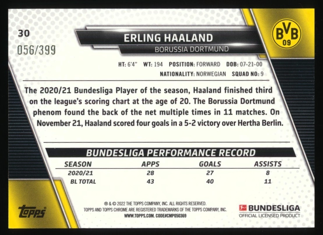 2021-22 TOPPS CHROME BUNDESLIGA ERLING HAALAND /399 MAGENTA WAVE REFRACTOR #30 view 3