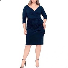 Xscape Women Dress Size 18W Blue Scuba Crepe 3/4 Sleeve V Neck Cocktail New